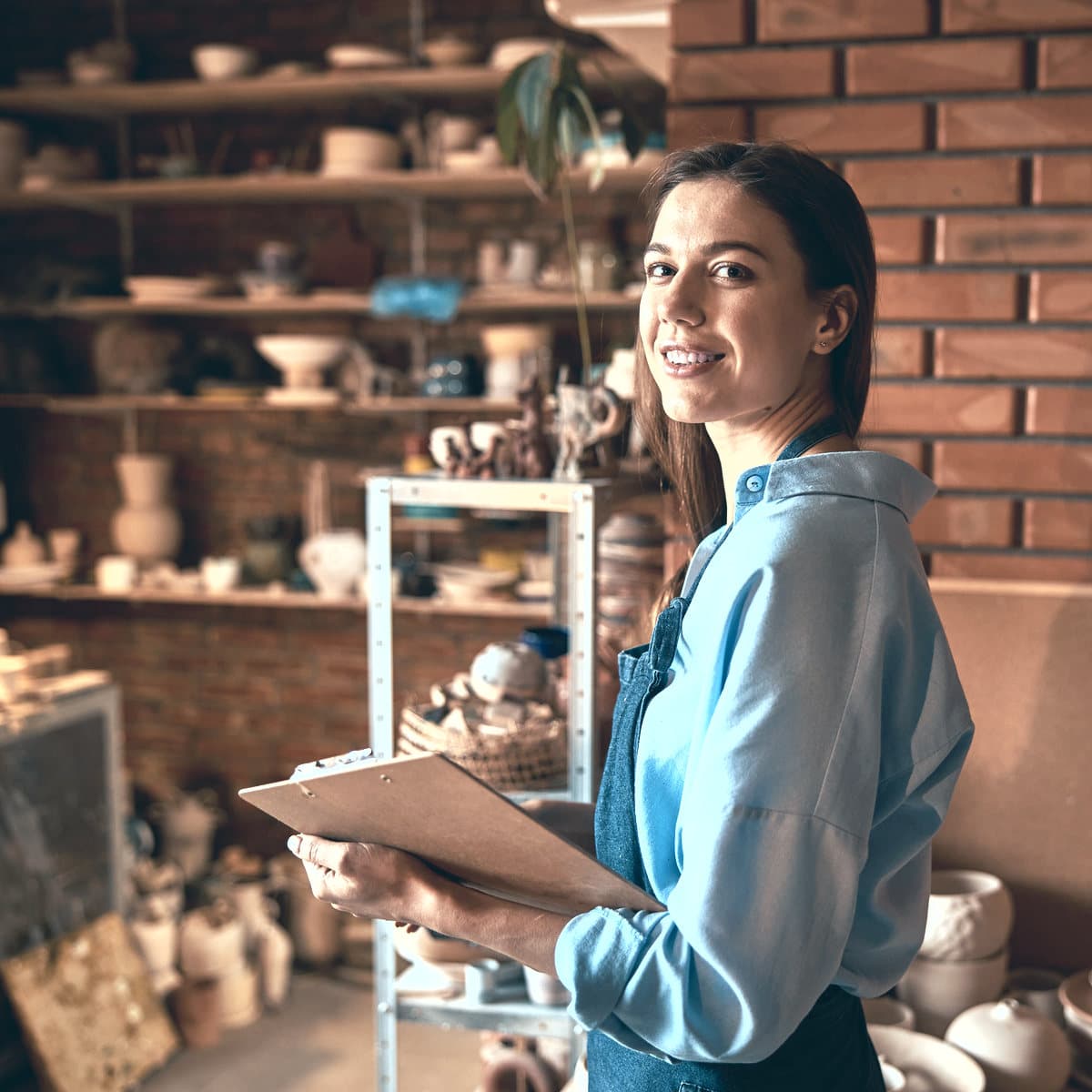A shop owner checking stock against a clipboard