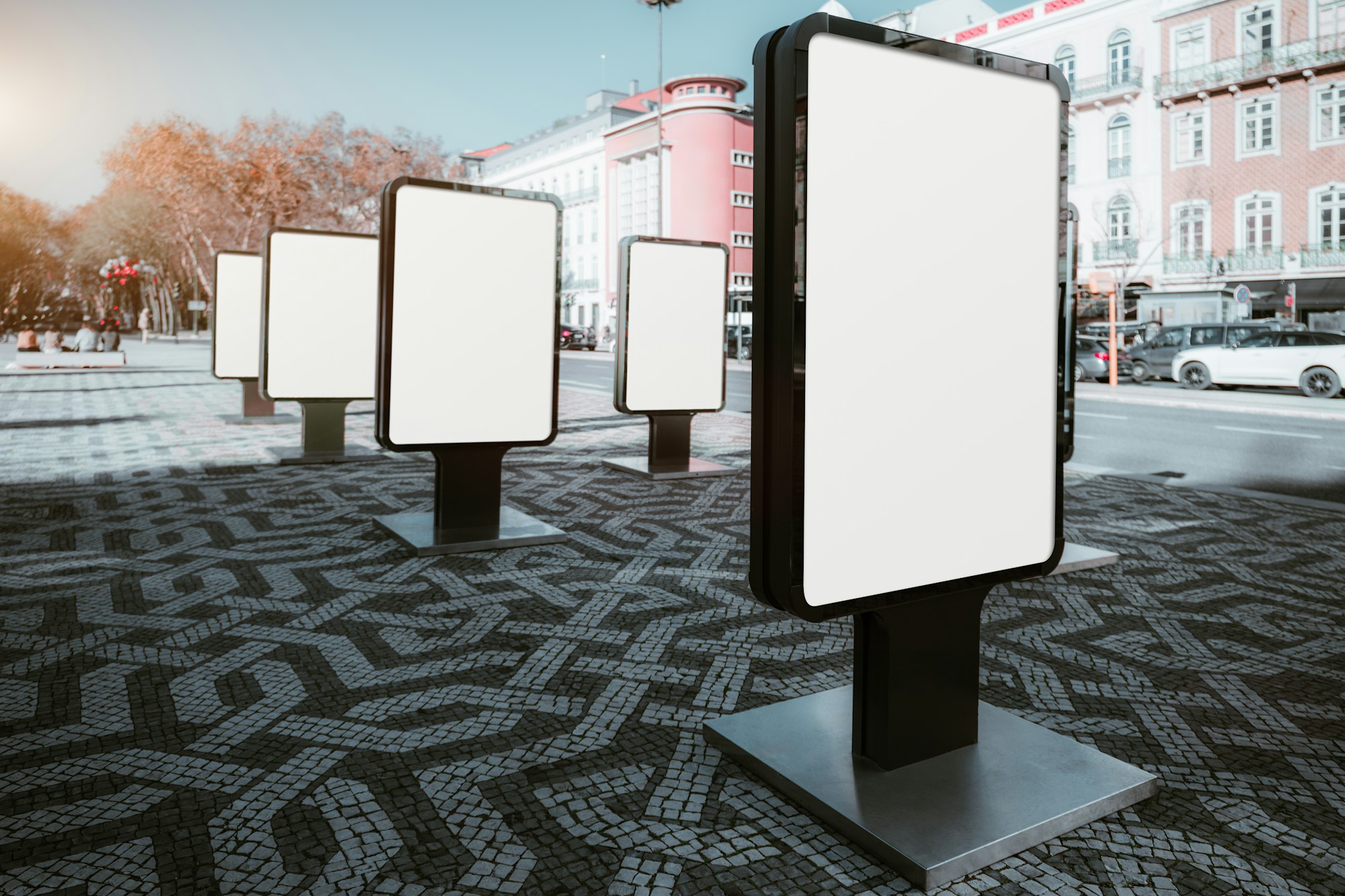 Blank billboards on city sidewalk